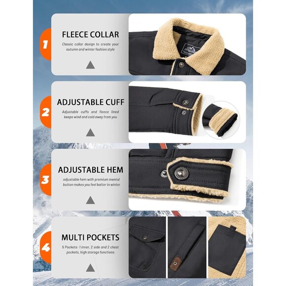 Mens Dark Grey AI Winter Sherpa Lined Jacket Warm Trucker Coat Multi Pocket - Picture 6 of 7